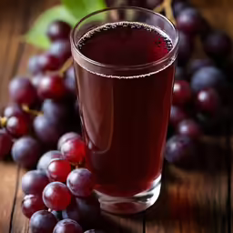 a glass filled with purple colored liquid next to some grapes