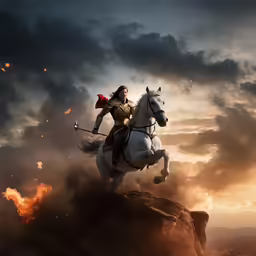 a man on horseback in front of an angry sky