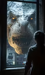 a person looking at a scary looking gorilla