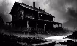 black and white photo of a house in the night,an old house with lots of dark clouds above it