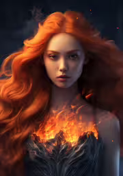 an image of a girl with red hair,a woman with red hair and glowing eyes standing in flames