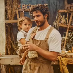 a man with a beard and a white shirt is holding a small child