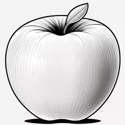 a drawing of an apple with an apple leaf on it,an apple with leaves is in black and white