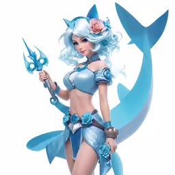 a woman with blue hair holding a sword