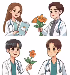 a couple of doctors holding flowers and a book