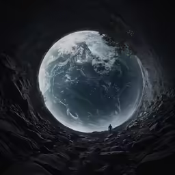 an earth planet is seen from inside a cave
