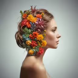 the woman with flowers in her hair looks off to the side