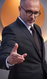 a man in suit and tie making a gesture