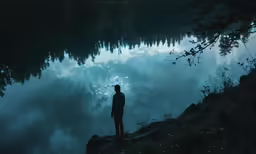 a man is looking into a lake at night