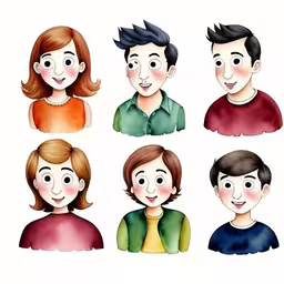 six people in different expressions on white background,some watercolor pictures of people