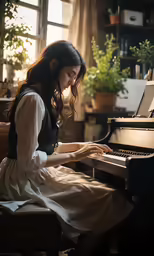a woman in white dress playing the piano
