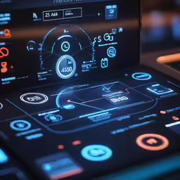futuristic dashboard with various illuminated features is displayed