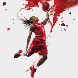 woman playing basketball flying into the air