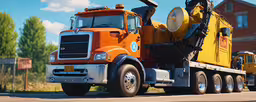 the large truck has a yellow cone on the flat bed,large yellow and orange dump truck traveling down the street