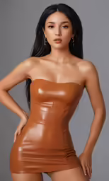 a women in a brown leather dress poses for the camera