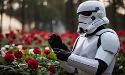 a star wars storm trooper with a red rose garden behind him