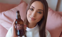 a woman in white holding a brown beer bottle