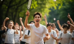 a group of young people standing around holding tennis racquets