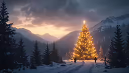 a large tree is lit up in the snow