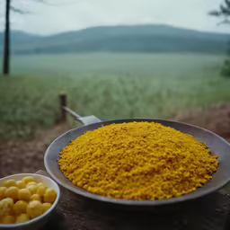 a large bowl of mustard and some bowls full of nuts