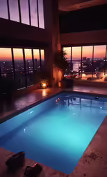 this is an indoor pool with a view out the window