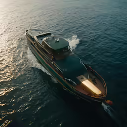 a luxury boat with an attached platform in the middle of the ocean