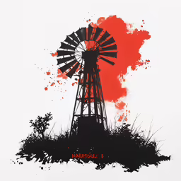 an inked poster of a windmill in the countryside
