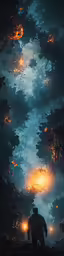 a man is looking at a fire on the ground