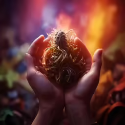 the person is holding a flower ball in their hand