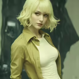 the blonde girl is wearing a trench coat and a white shirt