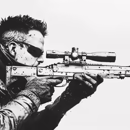 a man is taking aim at a rifle with the scope open