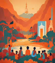 an orange poster depicts a landscape with many people and a lake,a painting of people sitting in the grass and mountains