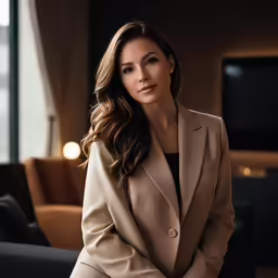a woman poses for a picture in a business suit