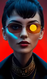 a woman wearing glasses with yellow circles on them