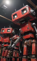 a group of red robots stand next to each other