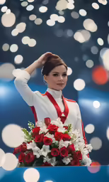 a young woman holding a bouquet of flowers standing behind a stage