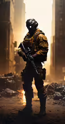 a man standing in the dust with a rifle in his hand,a military man holding a rifle in a city
