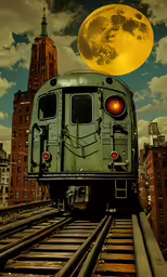 a passenger train going by a city in the moon