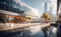 there are many people walking around a modern city