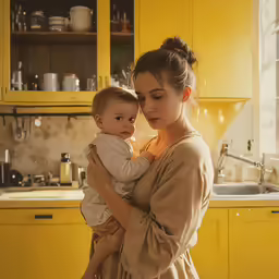 a woman holds her child in a kitchen