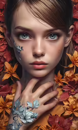 a close up shot of a young woman with a flower around her neck