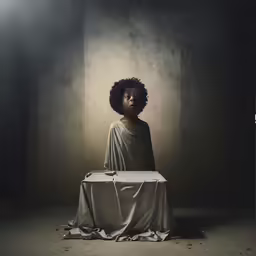 a woman sitting on top of a white box in a dark room