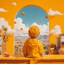a person standing on a ledge in front of a painting