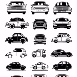 the different cars drawn in black and white,twelve different car type silhouettes