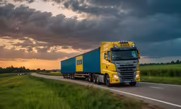 a semi truck driving on a country road,truck is moving on the road at sunset