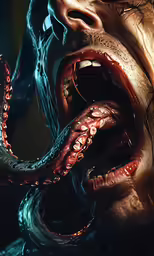 the giant creature is biting the flesh off of the mouth