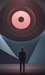 a man standing in front of an abstract artwork