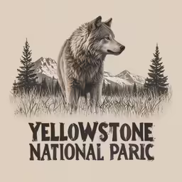 a lone wolf in front of mountains is shown on the cover of this yellow stone national park t - shirt