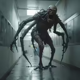 a creepy monster standing in an elevator with people walking down the hallway behind him