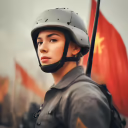 a girl in uniform holding a gun and a helmet